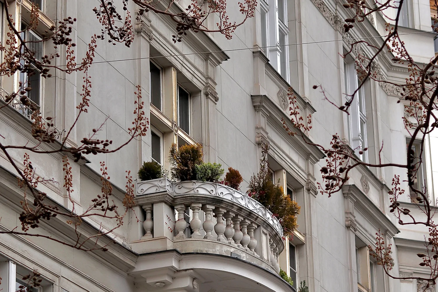 Städtisches Wohnhaus mit klassischer Fassade und bepflanztem Balkon