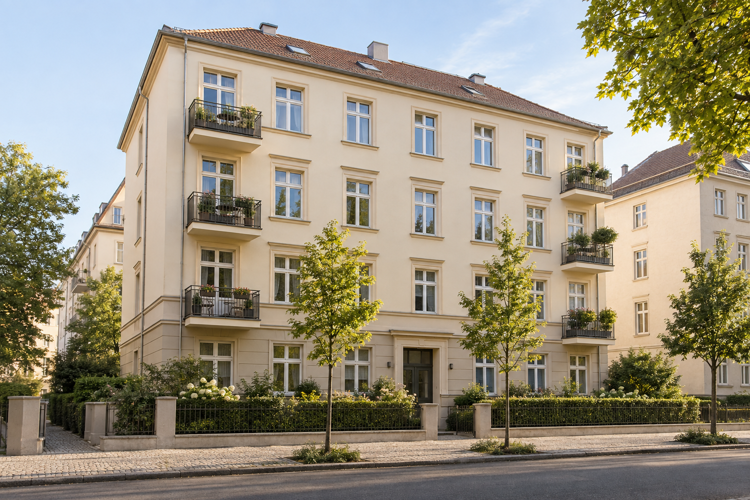 Helles Mehrparteienhaus mit Balkonen und Vorgarten